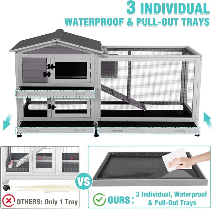 62" Rabbit Hutch with Chew-Proof Ramp & Waterproof Roof - Indoor/Outdoor Bunny Cage, 2-Story Design, 6 Lockable Caster Wheels & Dual Pull-Out Trays (Grey)-PurrikoPets