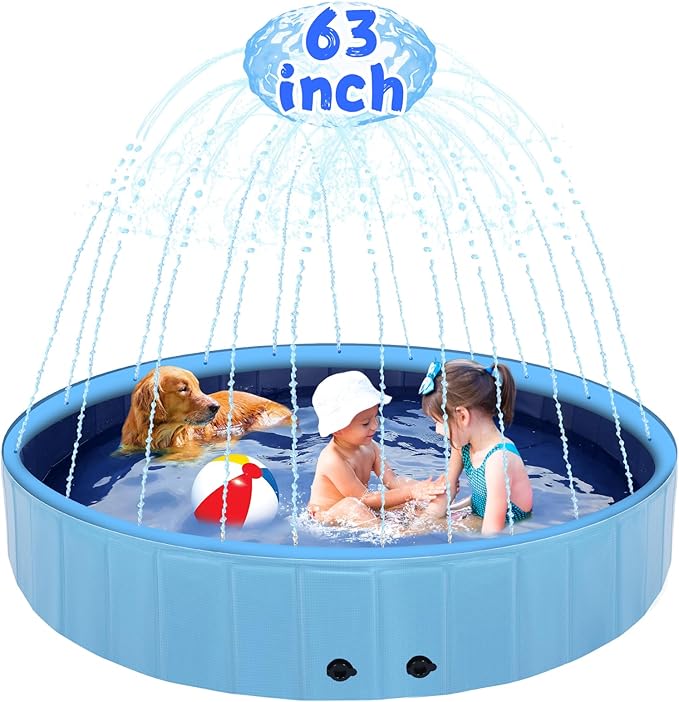 63" Large Dog Pool with Sprinkler, 2-in-1 Foldable Swimming Pool Non-Slip Hard Plastic Splash Sprinkler Kiddie Pool for Outdoor Backyard Kids Dogs Ducks and Pet Baths-PurrikoPets