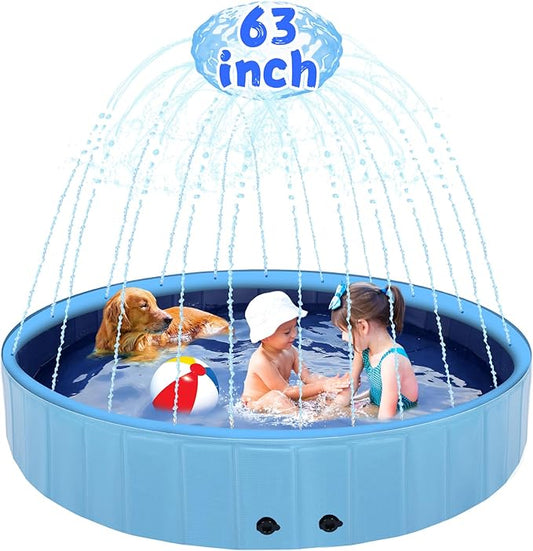 63" Large Dog Pool with Sprinkler, 2-in-1 Foldable Swimming Pool Non-Slip Hard Plastic Splash Sprinkler Kiddie Pool for Outdoor Backyard Kids Dogs Ducks and Pet Baths-PurrikoPets