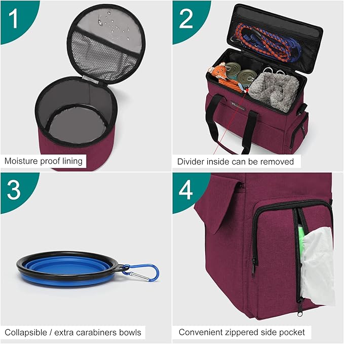 Airline Approved Pet Travel Bag, Weekend Travel Set for Dog and Cat, Airline Approved Tote Organizer with Multi-Function Pockets, 2 Dog Food Storage Containers, 2 Collapsible Bowls (Rose Red)-PurrikoPets