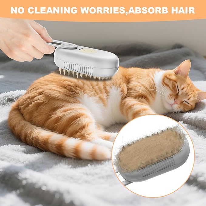 4 in 1 Cat Steam Brush for Shedding，Rechargeable Steam Pet Brush With Rotating Handle for Massaging, Self-Cleaning, and Pet Hair Removal for Long and Short Hair of Cat and Dog （Beige）-PurrikoPets
