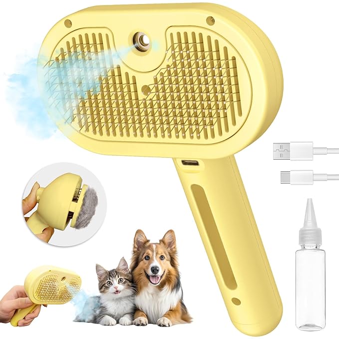 3 In 1 Steamy Brush with Release Button and Tank, Anti-Static Pet Brush for Long and Short Hair Pets to Remove Tangles and Loose Fur (Yellow)-PurrikoPets