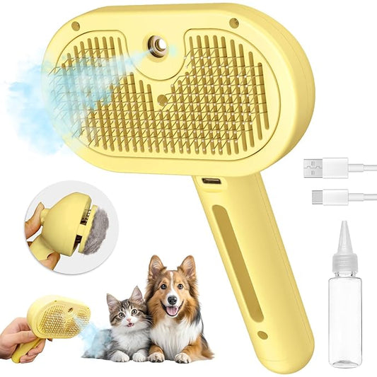 3 In 1 Steamy Brush with Release Button and Tank, Anti-Static Pet Brush for Long and Short Hair Pets to Remove Tangles and Loose Fur (Yellow)-PurrikoPets