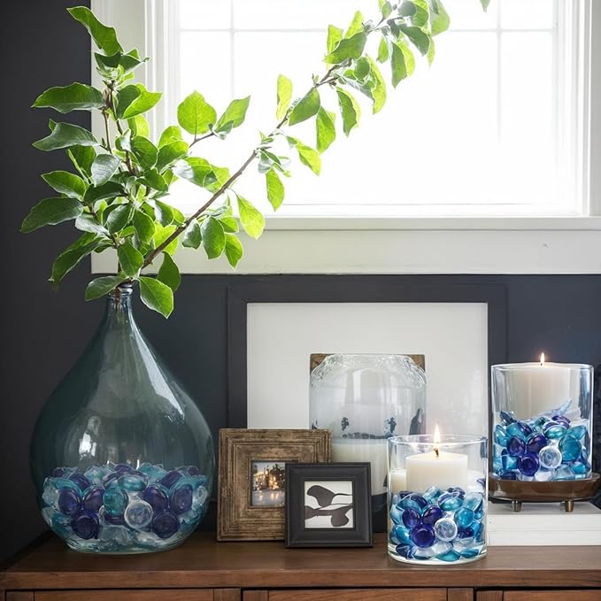 FUTUREPLUSX 0.97 pounds, Flat Glass Marbles, Blue Mixed Gemstone Vase Fillers Beads Decorative Glass Pebbles Floral Fish Tank Rocks for Vases Table Scatter Aquarium Decor-PurrikoPets