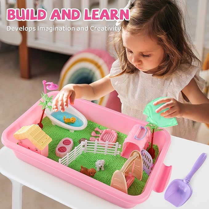 21 PCS Pet Sensory Bin, Dog & Cat Sandbox with Sand & Box, Play Sand Art Toys Kit, Pet Care Play Set, Beach Toys for Kids Ages 4-8, Birthday Gift Girls Boys 3 4 5 6 7 Years Old-PurrikoPets