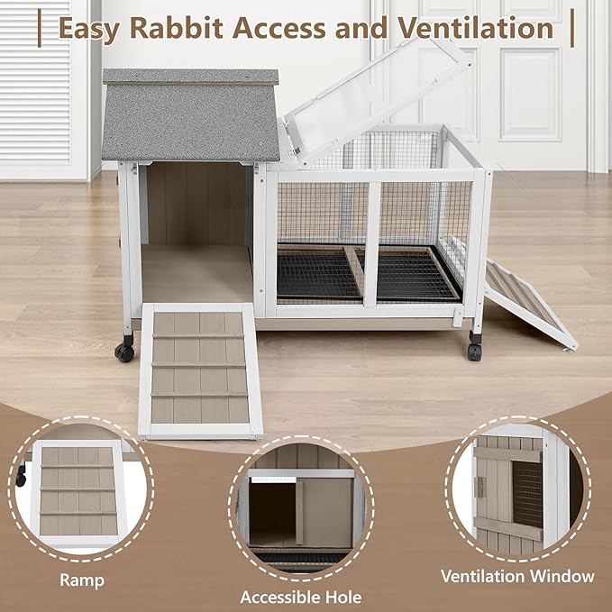 38''L Rabbit Hutch Outdoor Indoor with Wheels, Wooden Expandable 2 Story Bunny House Rabbit Cage with Run, Waterproof Roof, Pull Out Tray, Guinea Pig Cage Chicken Coop for Small to Medium Pets-PurrikoPets