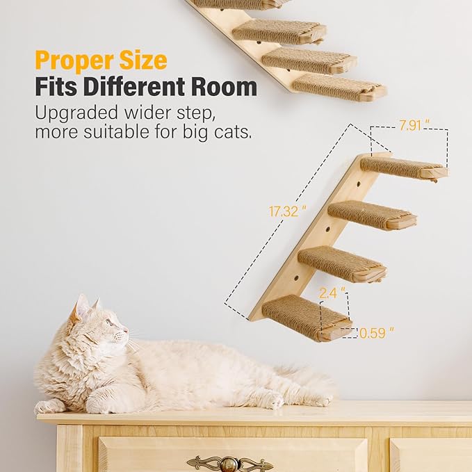 4-Step Cat Wall Shelves and Stairs With Sisal Rope - Improved & Stronger Tree Supplies, Large, Brownish White-PurrikoPets