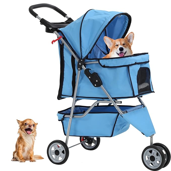 Dog Stroller,3 Wheels Travel Folding Pet Stroller for Small Medium Dog Cat Jogger Stroller with Storage Basket Removable Liner Blue-PurrikoPets