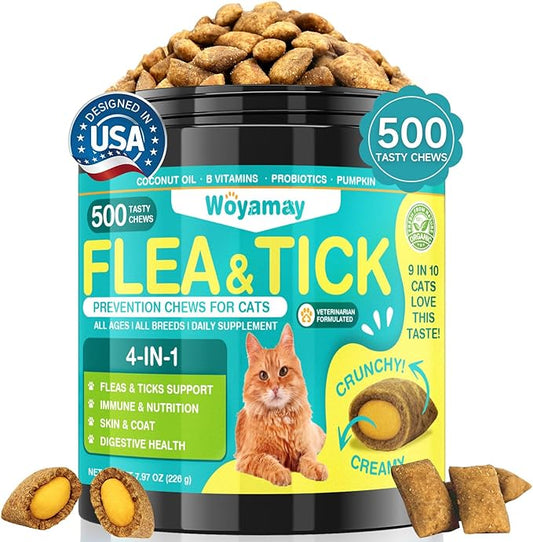 4-IN-1 Flea and Tick Prevention for Cats, 500 Crunchy & Creamy Chews, Cat Flea Treatment, Natural Oral Flea Treatment for Cats, Daily Support for Flea, Immune, Skin & Coat, Gut, Chicken Flavor-PurrikoPets