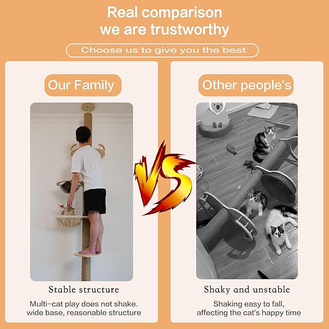 Floor to Ceiling Cat Tree Height (50-120 in) Adjustable Cat Tower 5 Tier Hemp Scratching Post High Cat Tree Sturdy Activity Tree Indoor Outdoor Cat Scratching Post Activity Center-PurrikoPets