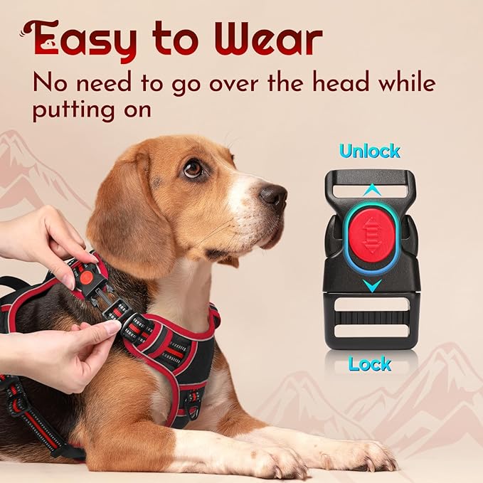 Eagloo Dog Harness for Large Dogs, Easy Wearing with 3 Buckles, Adjustable No Pull Pet Harness with 2 Rings for Walking, No Chock Reflective Soft Padded Vest with Control Handle, Black & Red, L-PurrikoPets