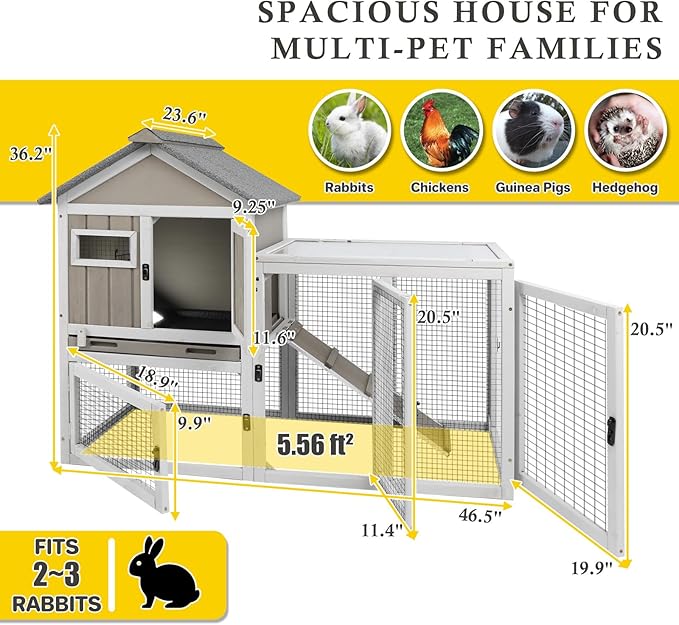 47''L Rabbit Hutch Outdoor Chicken Coop with Run, Wooden Indoor 2 Story Bunny House with Waterproof Roof, Pull Out Tray, Guinea Pig Rabbit Duck Cage for Small to Medium Animals and Pet Lover, Gray-PurrikoPets