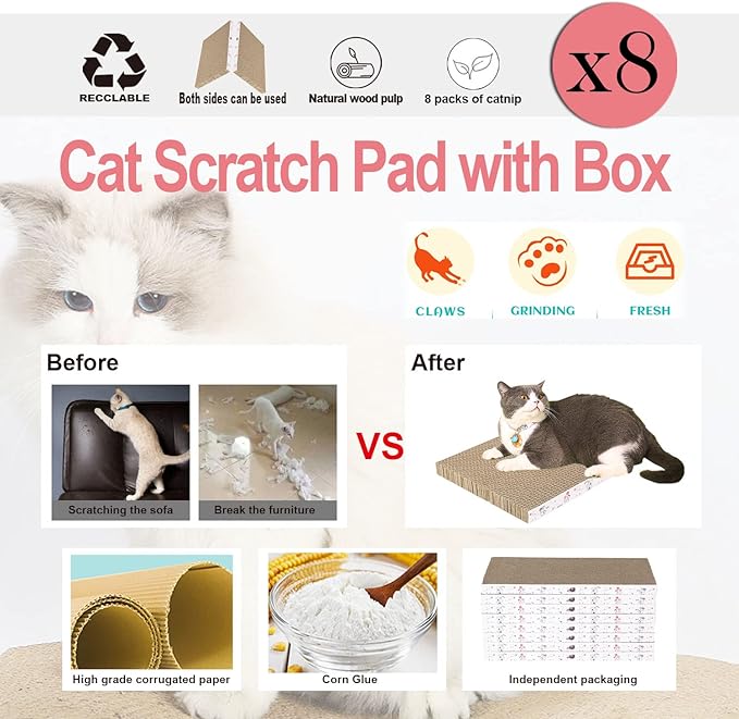 8 Packs in 1 Cat Scratch Pad, Cat Scratcher Cardboard,Reversible,Durable Recyclable Cardboard, Premium Scratch, Suitable for Cats to Rest, Grind Claws and Play-PurrikoPets