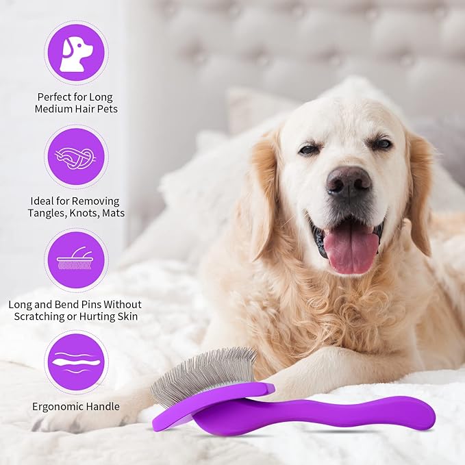 Dog Slicker Brush for Shedding and Grooming Medium or Long Haired Cats, Extra Long & Soft Pin Slicker Brush for Removes Loose Hair, Tangles, Knots, Undercoat, Free Pet Comb, Large Purple-PurrikoPets