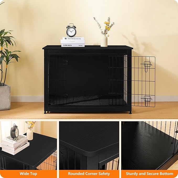 DWANTON Dog Crate Furniture with Cushion, Wooden Kennel Table with Double Doors, Indoor Dog House, Large Size, 38.5" L, Black-PurrikoPets