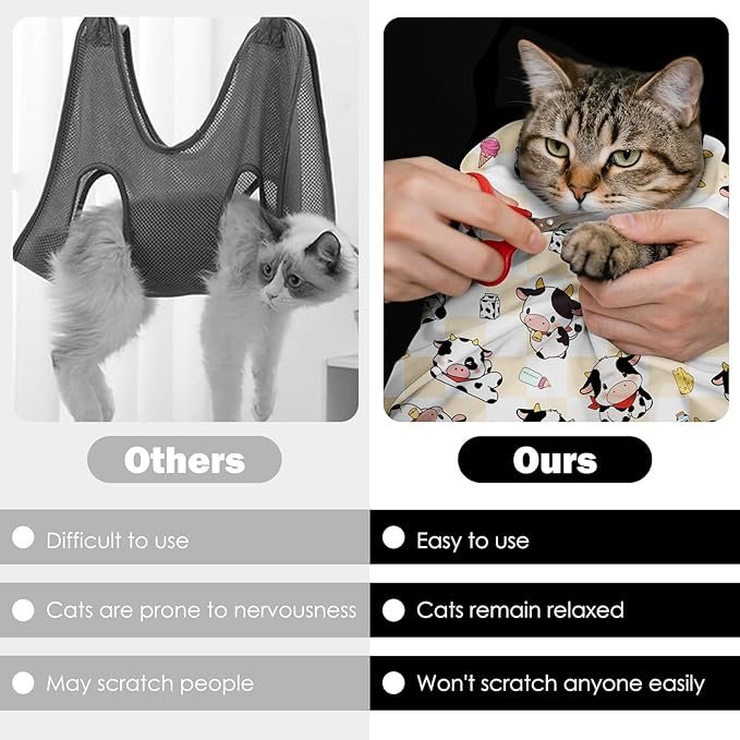 27.6" Cat Grooming Wrap, Self Adhesive Cat Wrap for Cutting Nails, Anti-Escape Calming Cat Swaddle Wrap for Medicine Ear Cleaning, Cartoon Cow Anti-Scratch Cats Burrito Restraint Blanket, Pet Tool-PurrikoPets