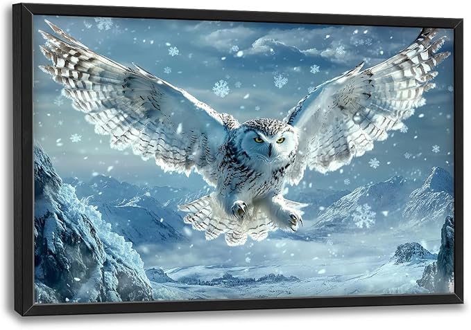 Framed Large Snowy Owl Wall Art for Living Room, Oversized Snowy Mountain Wall Decor Landscape Canvas Painting Modern Artwork Home Decoration for Living Room Bedroom Office 36"x24"-PurrikoPets