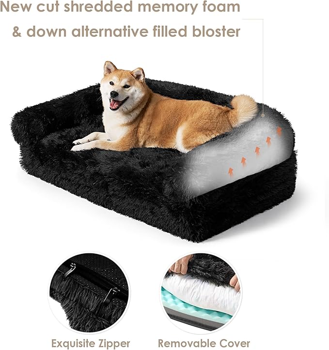 EHEYCIGA Foldable XXL Dog Bed, Faux Fur Fluffy Pet Couch Bed for Extra Large Dogs, Orthopedic Calming Memory Foam Big Pet Bed, Washable Soft Pet Sofa Bed with Non-Slip Bottom, Black, 54"x38"x7.5"-PurrikoPets