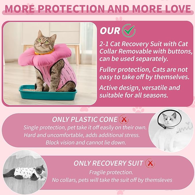 EMUST 2PCS Cat Recovery Suit and Cone Collar - Female, Breathable Cotton, Adjustable Soft E Collar Alternative for Cats 8-16lb (Pink, L)-PurrikoPets