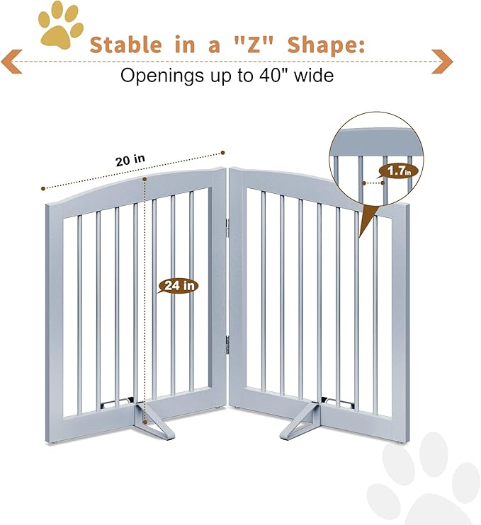 Freestanding Pet Gate for Dogs, Foldable Wooden Dog Gate for House, Indoor Pet Barrier for Stairs, Doorways, Support Feet Included, 24" Height 2 Panels, Grey-PurrikoPets