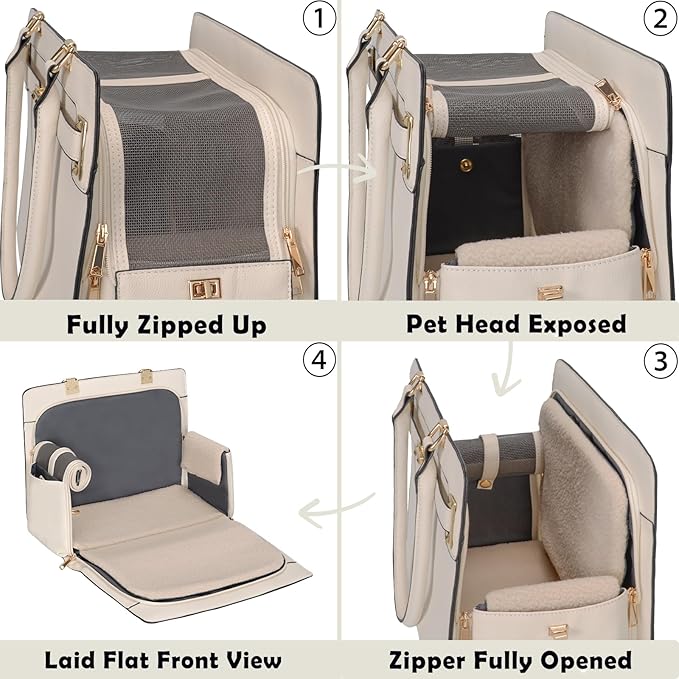 2-in-1 Stylish Dog Purse Carrier Soft-Sided Carriers Travel Tote Bag for Small Dogs Cats, Fashion Foldable Pet Bag for Puppies Small Animals with Pockets (White, 15" L x 7.5" W x 12.2" H)-PurrikoPets