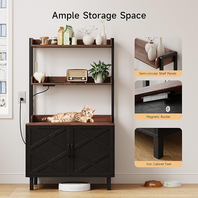 55 Inches Cat Litter Box Enclosure, Hidden Litter Box Furniture with 2 Storage Shelves and Charging Sockets, Wooden Cat House, Large Indoor Cabinet for Living Room & Entryway, Black-PurrikoPets