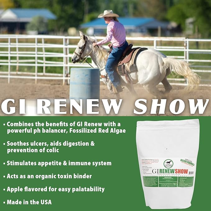 GI Renew Show, Probiotics for Equine, Immune and Appetite Stimulation, Prebiotics, Digestive Enzymes | Horse Supplement Providing Ulcer Relief and Treatment, Organic Toxin Binder, 6 LB Bag-PurrikoPets