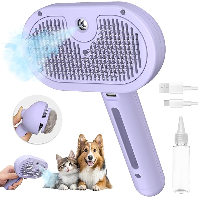 3-in-1 Self-Cleaning Brush for Shedding Dogs and Cats - Removes Static, Tangles, and Loose Hair (Purple)-PurrikoPets