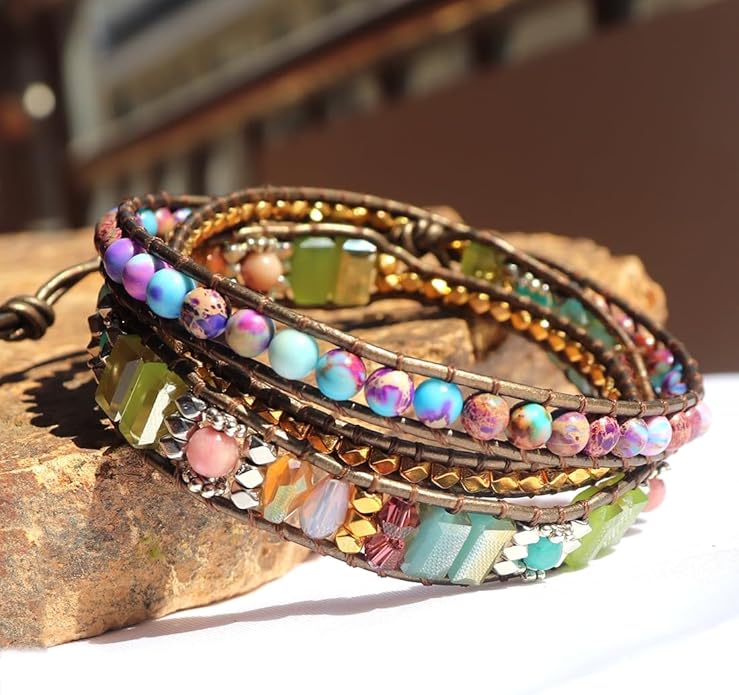 YGLINE Boho Handmade Wrap Leather Tube Crystal Stone Bracelet for Women