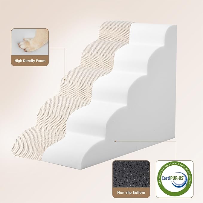 EHEYCIGA Curved Dog Stairs Ramp for High Beds 22.6" H, 5-Step Dog Steps for Small Dogs and Cats, Pet Stairs for High Bed Climbing, Non-Slip Balanced Pet Step Indoor, Beige-PurrikoPets