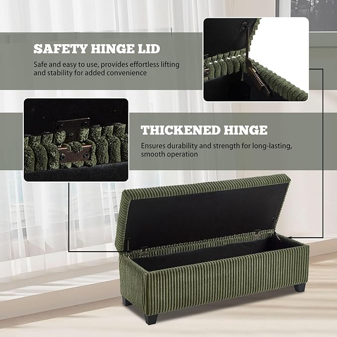 48" Green Ottoman with Storage, Corduroy Storage Ottoman Bench for Bedroom, End of Bed Bench with Safety Hinge for Living Room, Entryway-PurrikoPets
