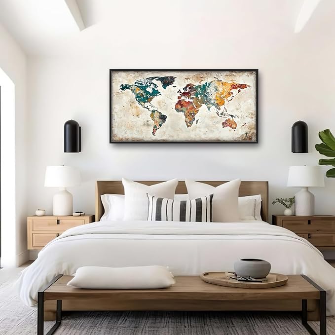 Extra Large Framed World Map Wall Art,Oversized Colorful Vintage Nautical Map Wall Decor Pictures for Living Room,Canvas Print Painting Modern Artwork Office Bedroom Home Decor 60L x30W-PurrikoPets