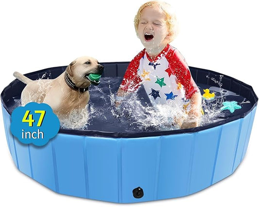 Foldable Dog Pool, 47" x 12" Kiddie Pool with Hard Plastic, Non-Slip Dog Bath Tub for Outdoor Backyard, Collapsible Dog Swimming Pool for Kids Dogs Pets (Blue)-PurrikoPets