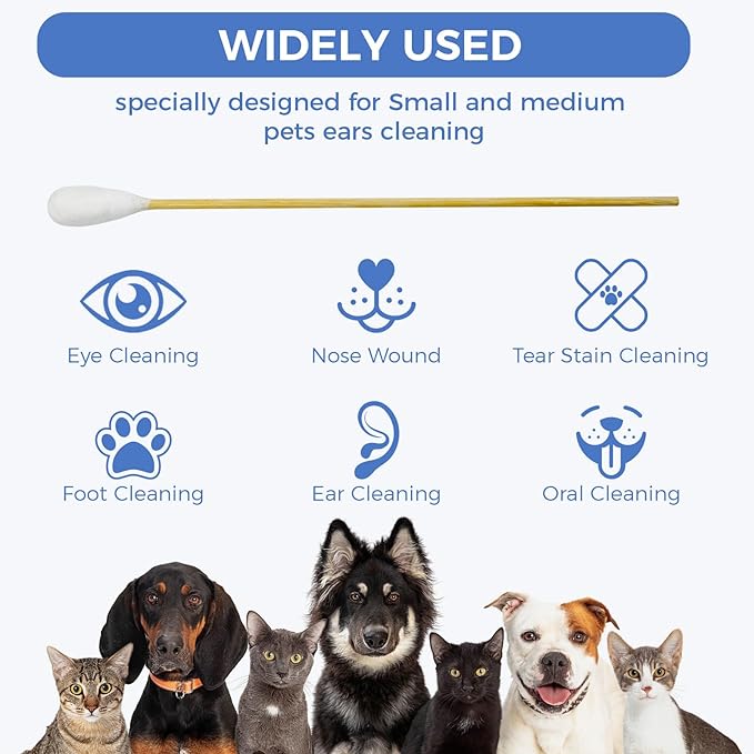 GOLD HONEY 6 Inch Large Cotton Swabs, 100PCS Dog Ear Swabs with Bamboo Handle for Dogs, Pet-Specific, Gentle Design, Lint-Free, Canine Cotton Stick Ear Cleaning-PurrikoPets