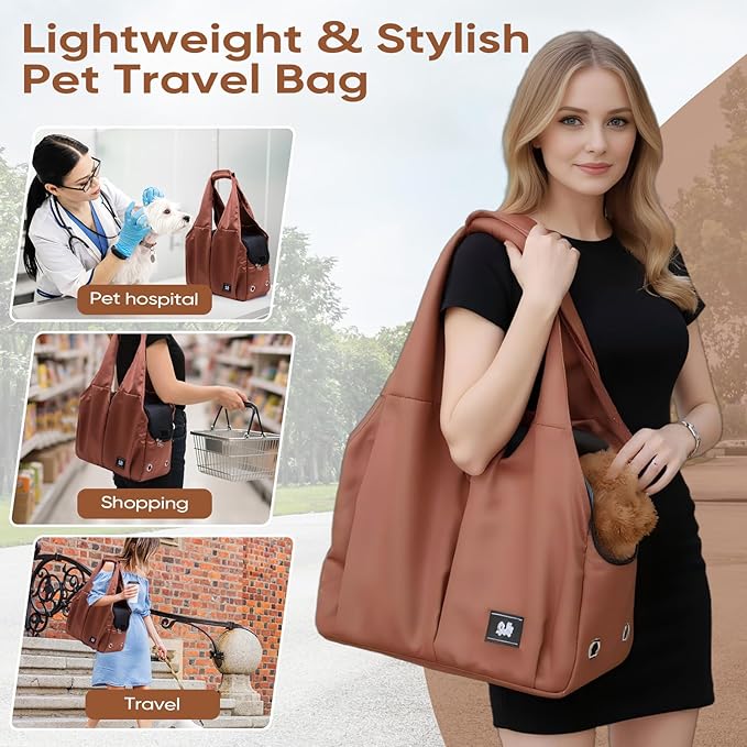 Dog Purse Carrier for Small Dogs, Cats, and Puppies – Soft-Sided Travel Pet Tote Bag with 4 Large Pockets, Foldable, Lightweight, Fits Pets up to 15 lbs, for Travel, Outings (Brown)-PurrikoPets