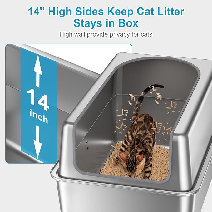 14'' High Sides XXL All Stainless Steel Cat Litter Box with Lid,XL Deep Metal Litter Box for Big Cats,Extra Large Litter Boxes with High Wall Enclosure,Anti-Leakage,Never Absorbs Odors,Non-Sticky-PurrikoPets