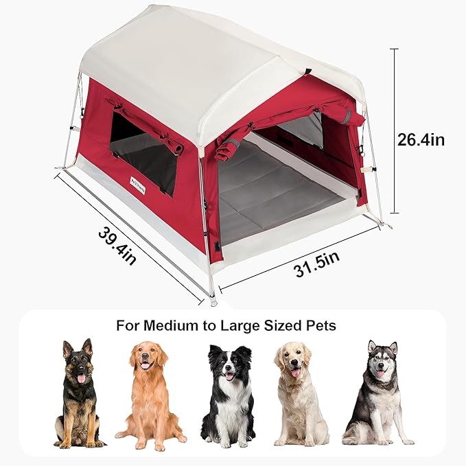 Dog Tent Cotton Fabric, Aluminum Poles and Camping Mat, Outdoor Weatherproof, Dog House Outdoor, Breathable with 2 Side Windows, Portable and Collapsible (Red, Large)-PurrikoPets
