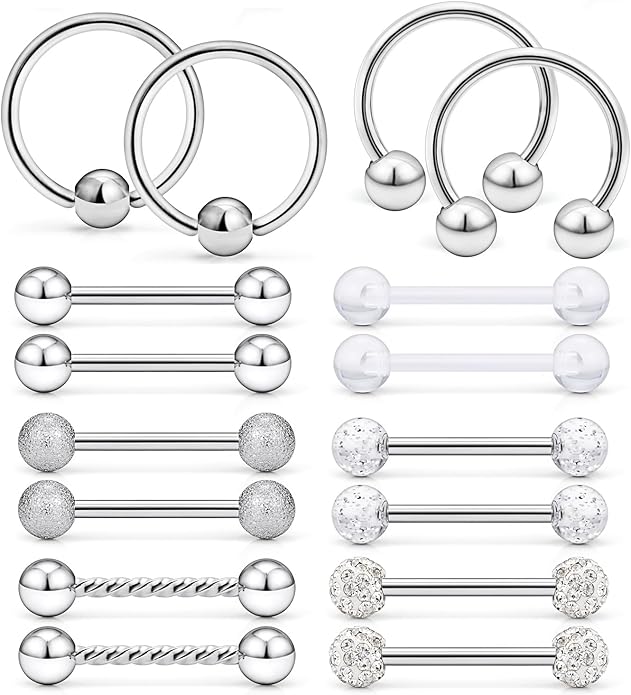 Ftovosyo 16Pcs Nipple Piercing Jewelry 14G Surgical Steel Nipple Rings Hoop Rings Retainer Piercing Jewelry for Women Men 14MM (9/16 Inch)