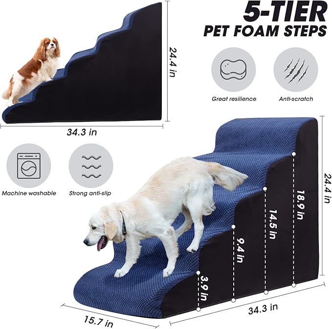 Dog Stairs&Steps for High Beds Up to 28'', 5-Step Dog Ramp for Small Medium Dogs with Washable Cover, Pet Steps for Cats to Get on Couch and Sofa, Durable Foam Ladders, 24.4" Tall, Blue-PurrikoPets