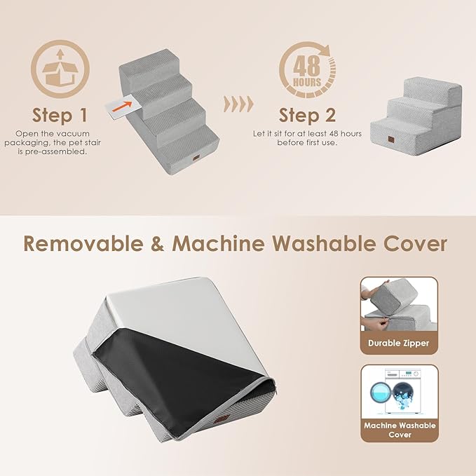 EHEYCIGA Dog Stairs for Small Dogs 13.5" H, 3-Step Dog Steps for Couch Sofa and Chair, Pet Steps for Medium Cats, Non-Slip Balanced Pet Ramp Indoor, Light Grey-PurrikoPets