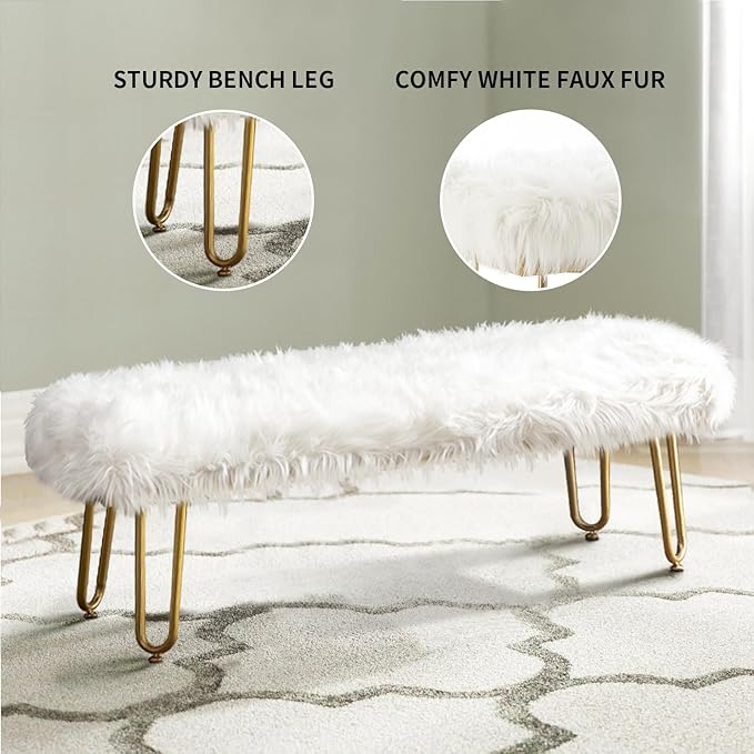 42.5Inch White Bedroom Bench, Benches for Bedroom White Faux Fur Upholstered Bed end Bench, Tufting Bench Indoor Bench with Metal Legs for Living Room Bedroom Dining Room Entryway-PurrikoPets