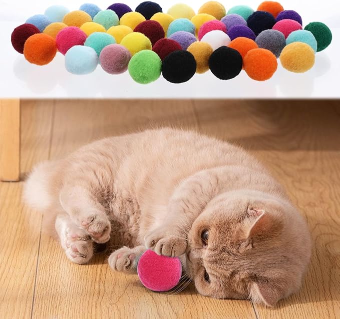 50PCS 1 Inch Cat Toys Balls Kitten Cat Pom Pom Balls Soft Cat Puff Ball Toys Rolling Interactive Cat Toy Ball Cat Nip Balls Fuzzy Balls for Cats Creative Crafts Decorations Assorted Color-PurrikoPets