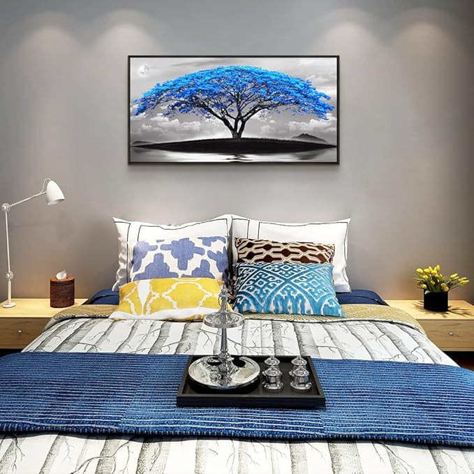 Framed Canvas Wall Art For Living Room Large Size Office Wall Decor Bedroom Decor Wall Pictures Artwork Black And White Landscape Blue Tree Moon Wall Painting Home Decorations Black Frame 20" X 40"-PurrikoPets