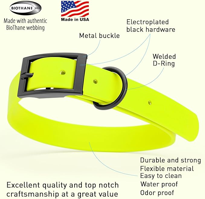 Dogline Biothane Waterproof Dog Collar Strong Coated Nylon Webbing with Black Hardware Odor- Proof for Easy Care Easy to Clean High Performance Fits Small Medium or Large Dogs, Safety Yellow-PurrikoPets