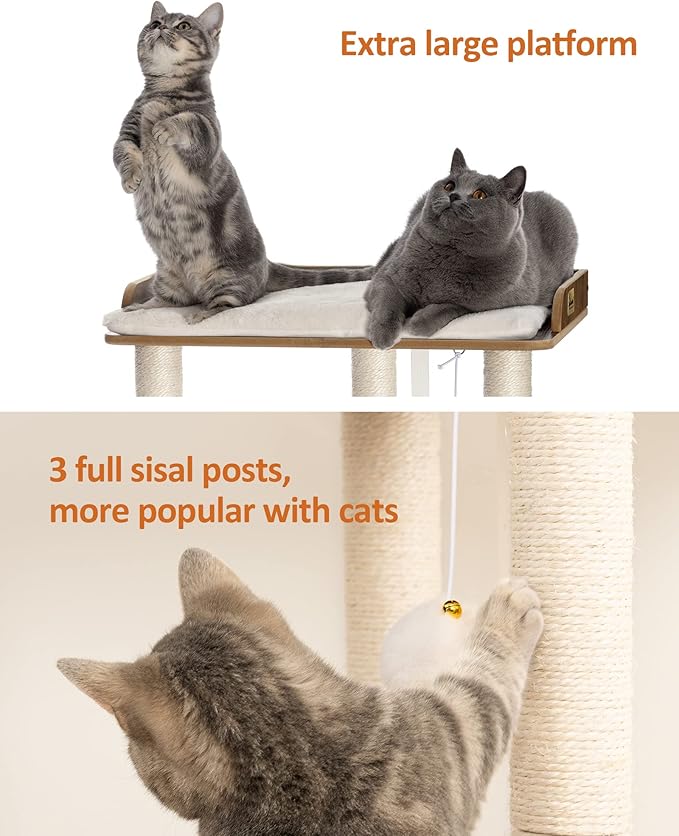 FourFurPets 26.7in Large Cat Tree Tower Condo, Cat Scratch Posts for Indoor Cats, Big Plate, Three 23.6in Full Sisal Scratching Posts, Rustic Brown-PurrikoPets