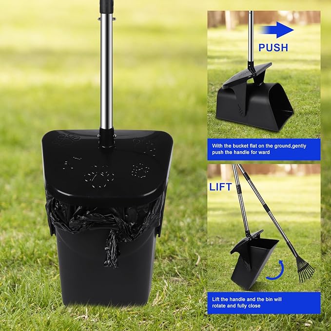 Dog Poop Scooper with 20 Bag Attachment Long Handle Swivel Bin, Rake & Spade Heavy Duty Easy to Clean Pooper Scooper for Large Medium Dogs Pet Waste Removal Solution for Yard, Grass, Gravel-PurrikoPets