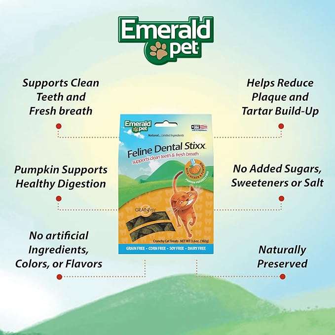 Emerald Pet Feline Dental Stixx — Tasty and Crunchy Cat Dental Sticks with Pumpkin for Digestive Health — Natural Grain Free Dental Treats for Clean Cat Teeth and Fresh Breath — Chicken Stixx, 3.6 oz-PurrikoPets