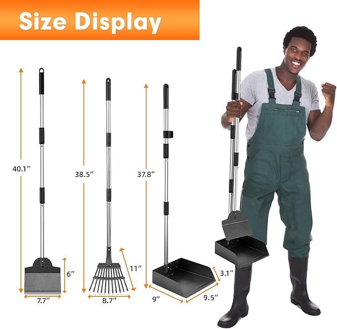 Dog Pooper Scooper, Adjustable Handle Poop Scooper with Tray,Rake and Spade Set of 3, Steel Stainless Poop Scoop for Medium Large Dogs and Pet Waste on Grass, Dirt and Gravel (Large Size)-PurrikoPets