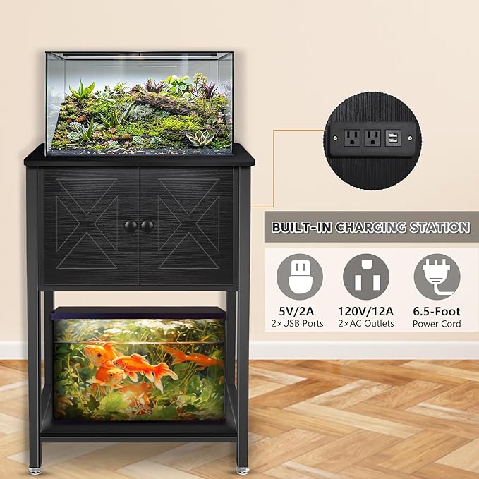 5-10 Gallon Fish Tank Stand, Heavy Duty Aquarium Stand with Cabinet & Power Outlets for Fish Tank Accessories Storage, Double Tank Stand 20.5" L* 11" W Tabletop, 220LBS Capacity Black-PurrikoPets