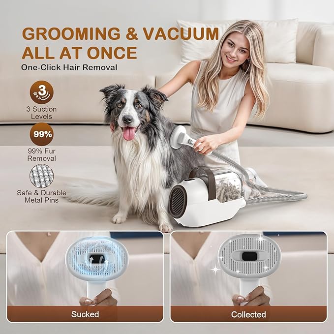 Dog Grooming Vacuum, Dog Grooming Kit with Pet Clipper Nail Grinder, 3 Suction Modes Dog Brush Vacuum with 6 Pet Grooming Tools (Brown)-PurrikoPets